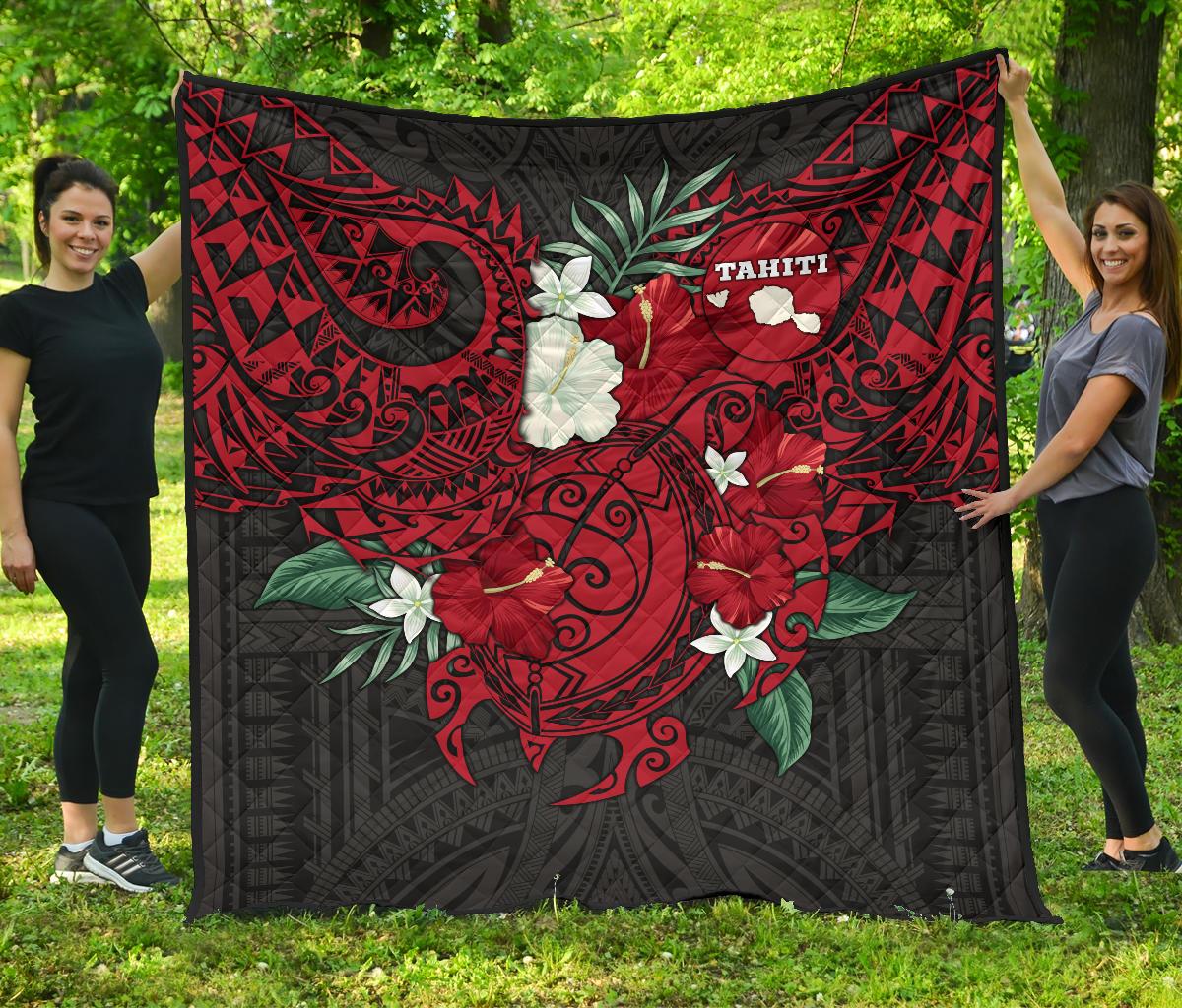Tahiti Polynesian Premium Quilt - Hibiscus and Sea Turtle (Red) - Polynesian Pride