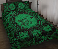 Hawaiian Map Honu Hibiscus Green Polynesian Quilt Bed Set - Polynesian Pride