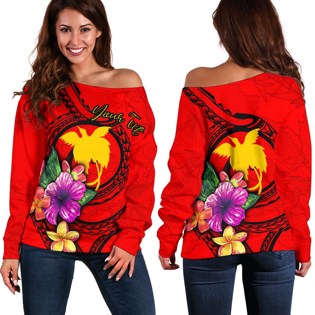 Papua New Guinea Polynesian Custom Personalised Women's Off Shoulder Sweater - Floral With Seal Red Red - Polynesian Pride