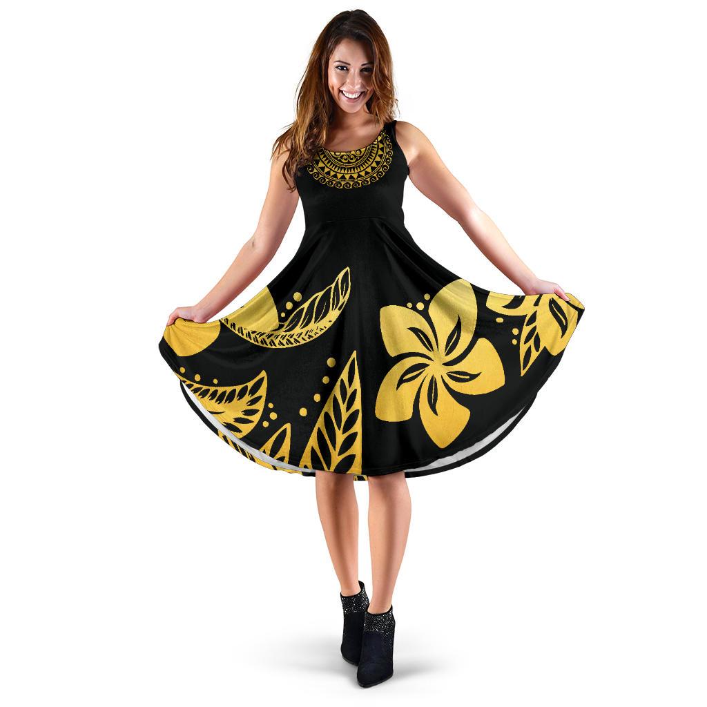 Polynesian Midi Dress - Gold Floral Women Gold - Polynesian Pride