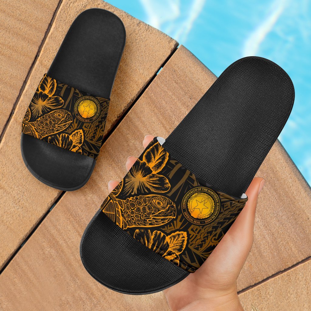 Northern Mariana Islands Slide Sandals - Turtle Hibiscus Pattern Gold Black - Polynesian Pride