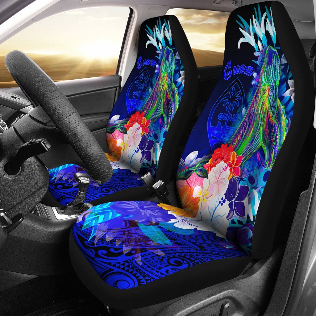 Guam Car Seat Covers - Humpback Whale with Tropical Flowers (Blue) Universal Fit Blue - Polynesian Pride