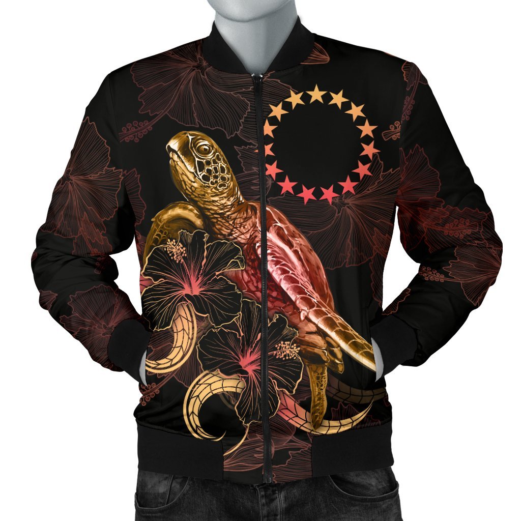Cook Islands Polynesian Men's Bomber Jacket - Turtle With Blooming Hibiscus Gold Gold - Polynesian Pride