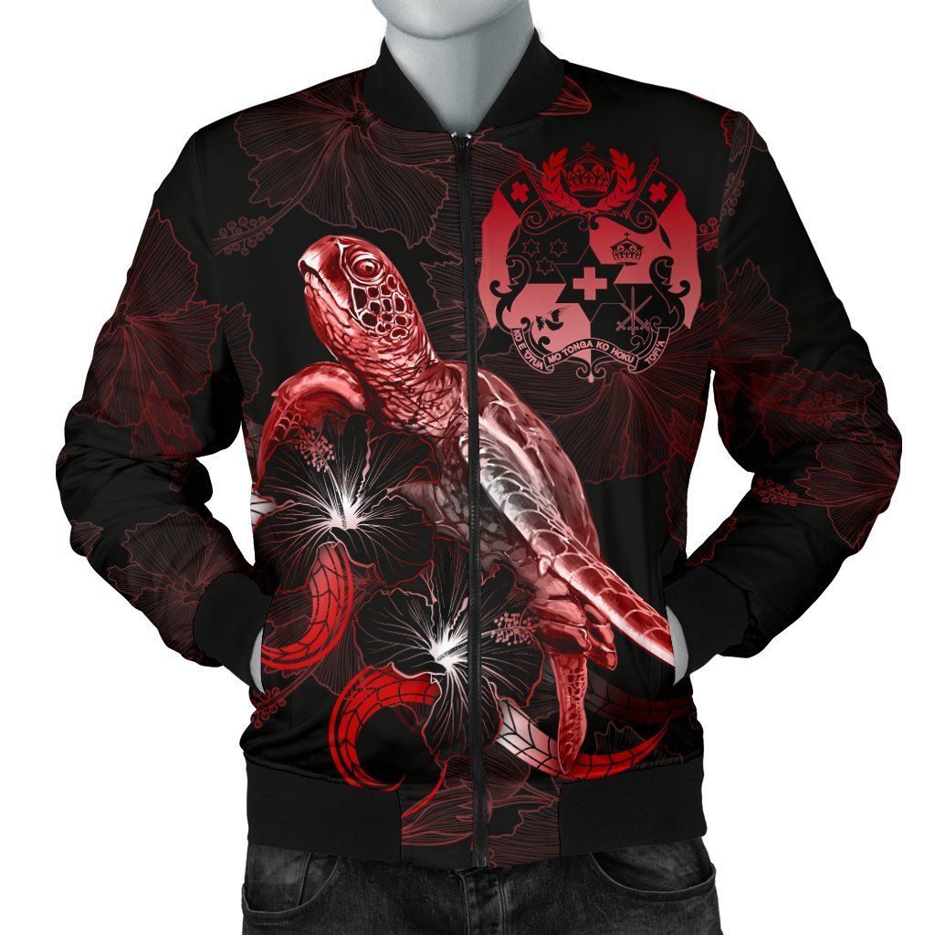 Tonga Polynesian Men's Bomber Jacket - Turtle With Blooming Hibiscus Red Red - Polynesian Pride
