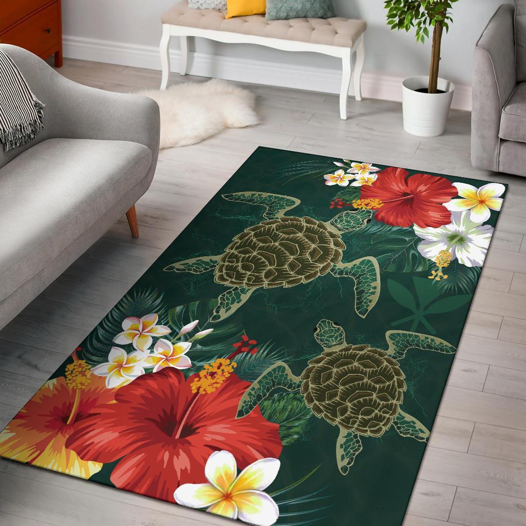 Hawaii Sea Turtle Hibiscus Plumeria Rug Black - Polynesian Pride