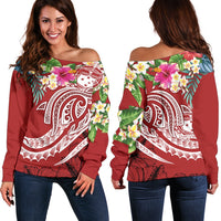 Polynesian Samoa Women's Off Shoulder Sweater - Summer Plumeria (Red) Red - Polynesian Pride