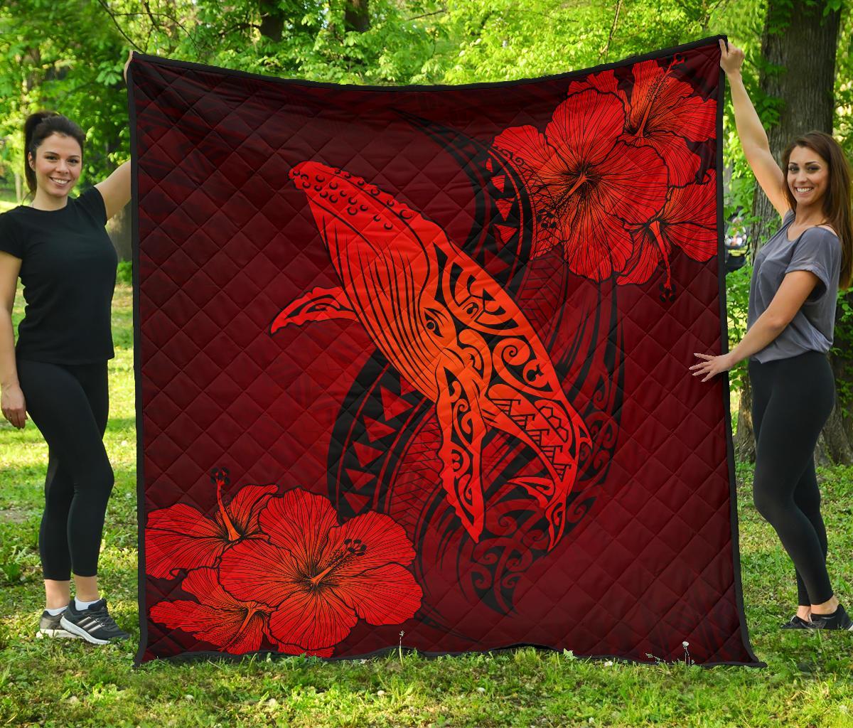 Hawaii Whale Swim Poly Red Premium Quilt Red - Polynesian Pride