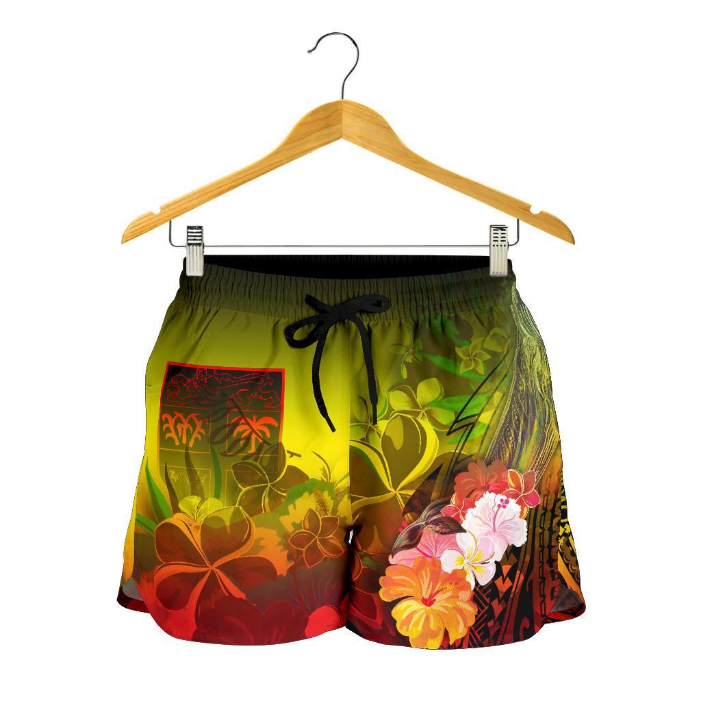 Fiji Women's Shorts - Humpback Whale with Tropical Flowers (Yellow) - Polynesian Pride