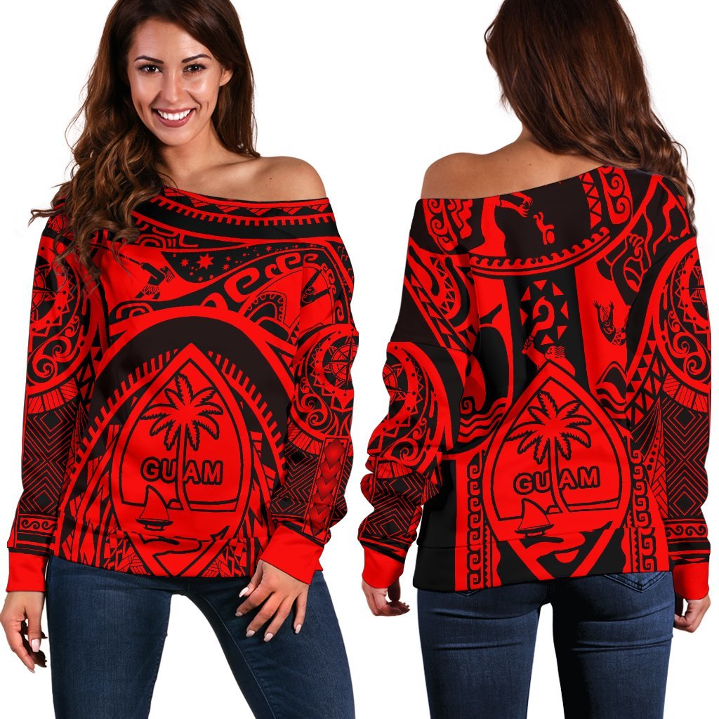 Polynesian Off Shoulder Sweaters - Guam Flag, Seal with Maui Moana Tattoo - Polynesian Pride