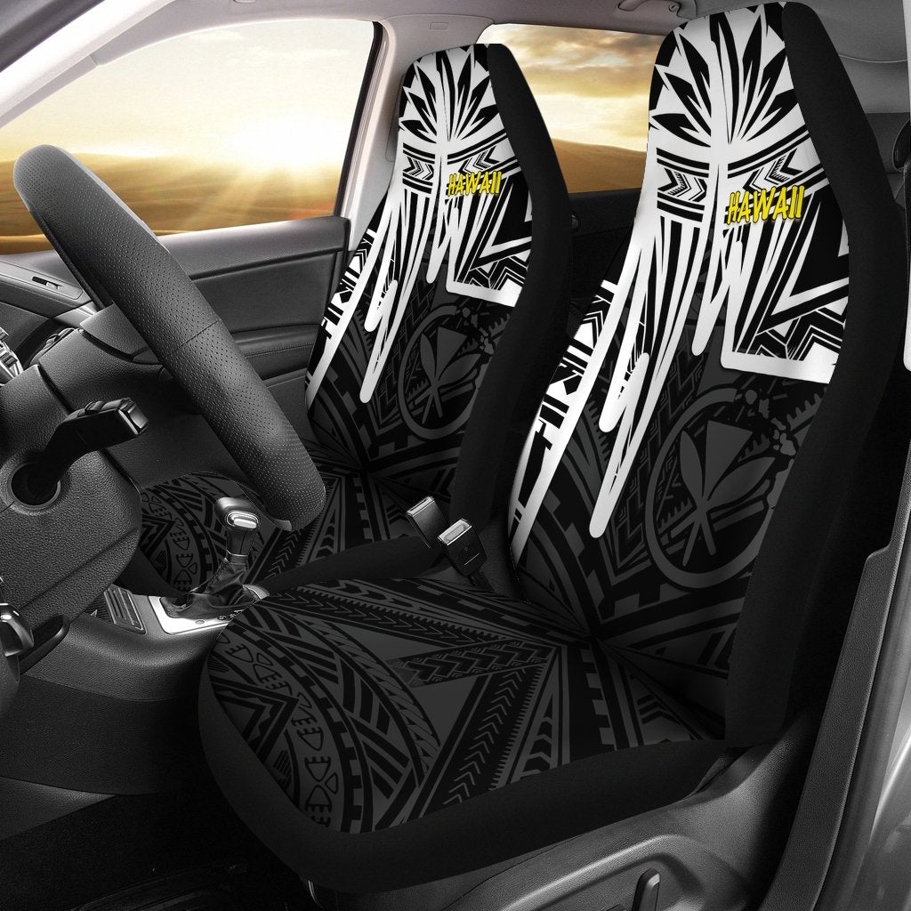 Hawaii Car Seat Covers - Kanaka Maoli With Polynesian Pattern In Heartbeat Style (Black,White) Universal Fit White - Polynesian Pride