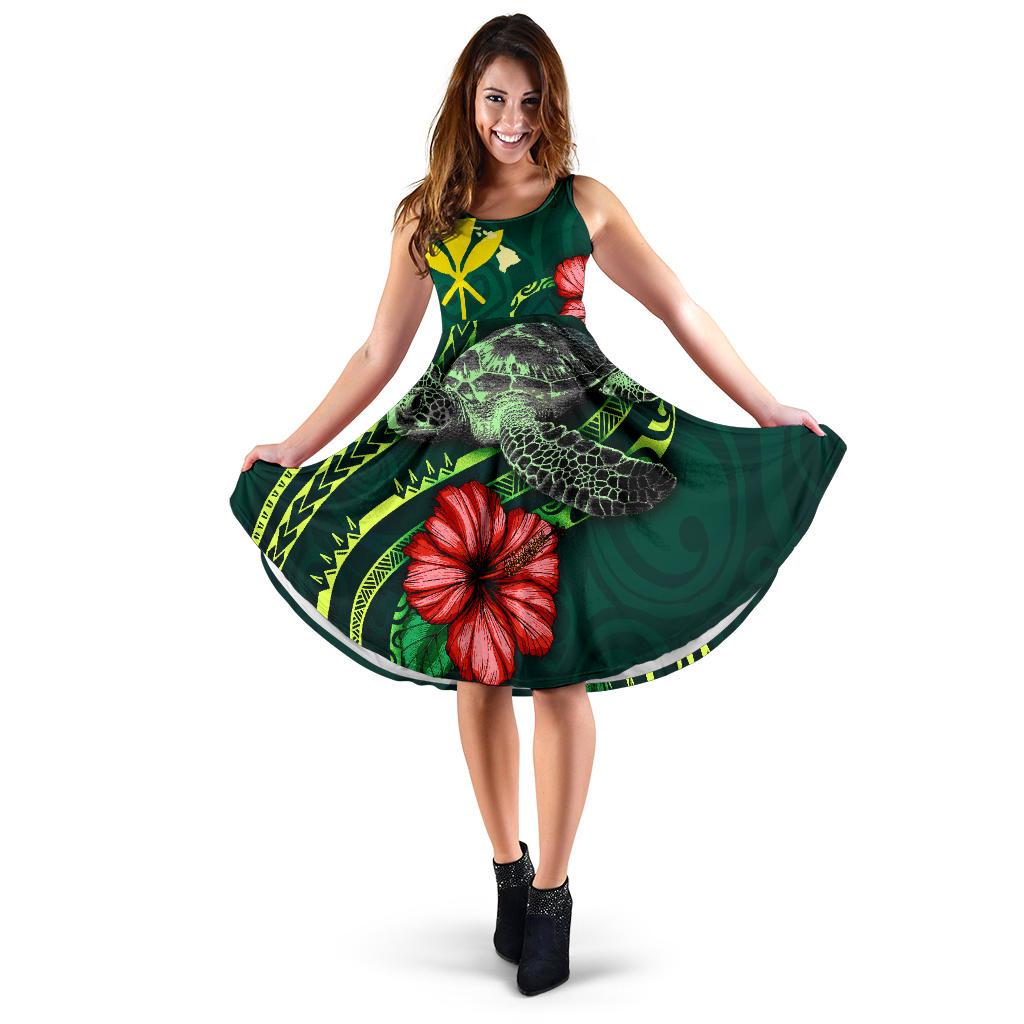 Hawaii Polynesian Midi Dress - Green Turtle Hibiscus Women Green - Polynesian Pride