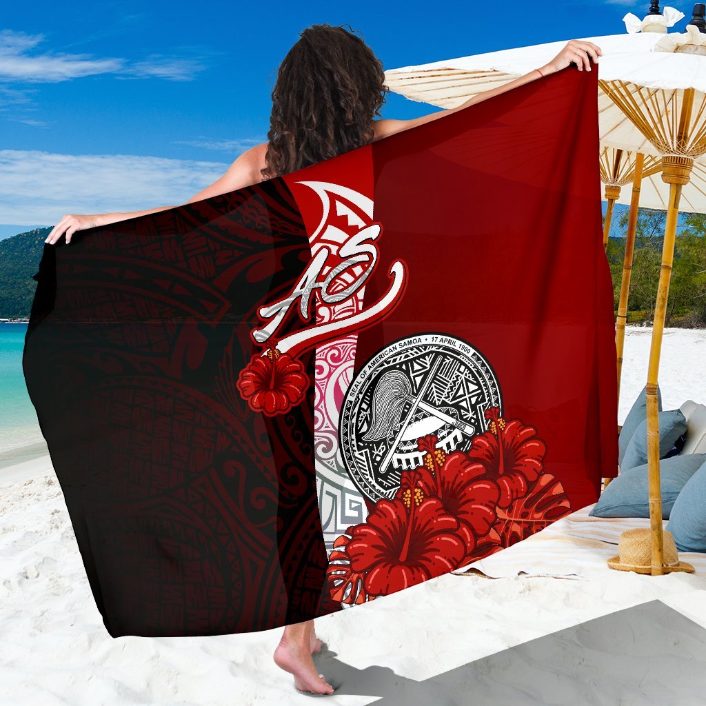 American Samoa Polynesian Sarong - Coat Of Arm With Hibiscus One Style One Size Red - Polynesian Pride