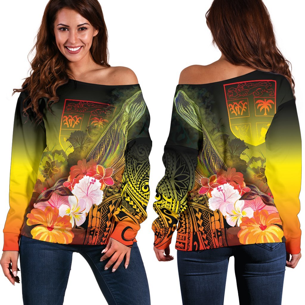 Fiji Women's Off Shoulder Sweater - Humpback Whale with Tropical Flowers (Yellow) Yellow - Polynesian Pride