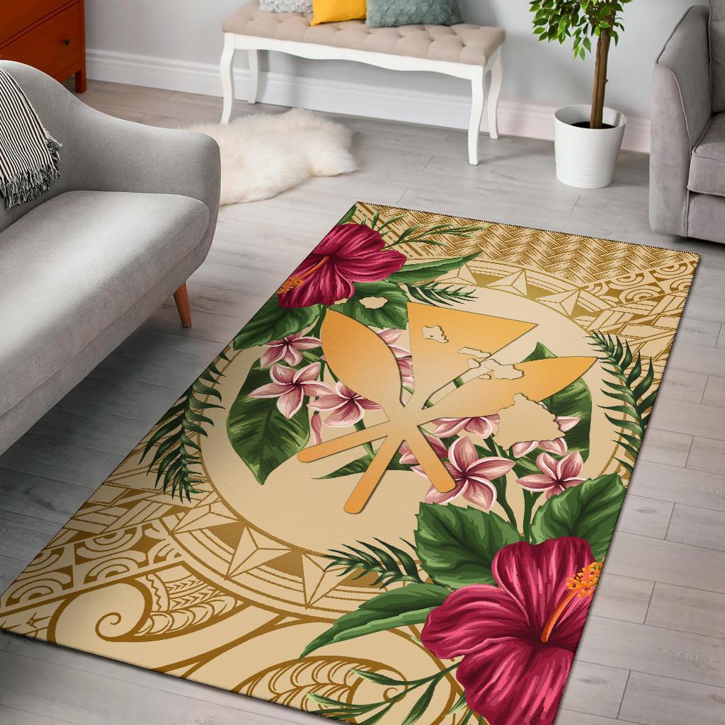 hawaii Rug - Kanaka Maoli Rug Strong Pattern Hibiscus Plumeria AH Gold - Polynesian Pride