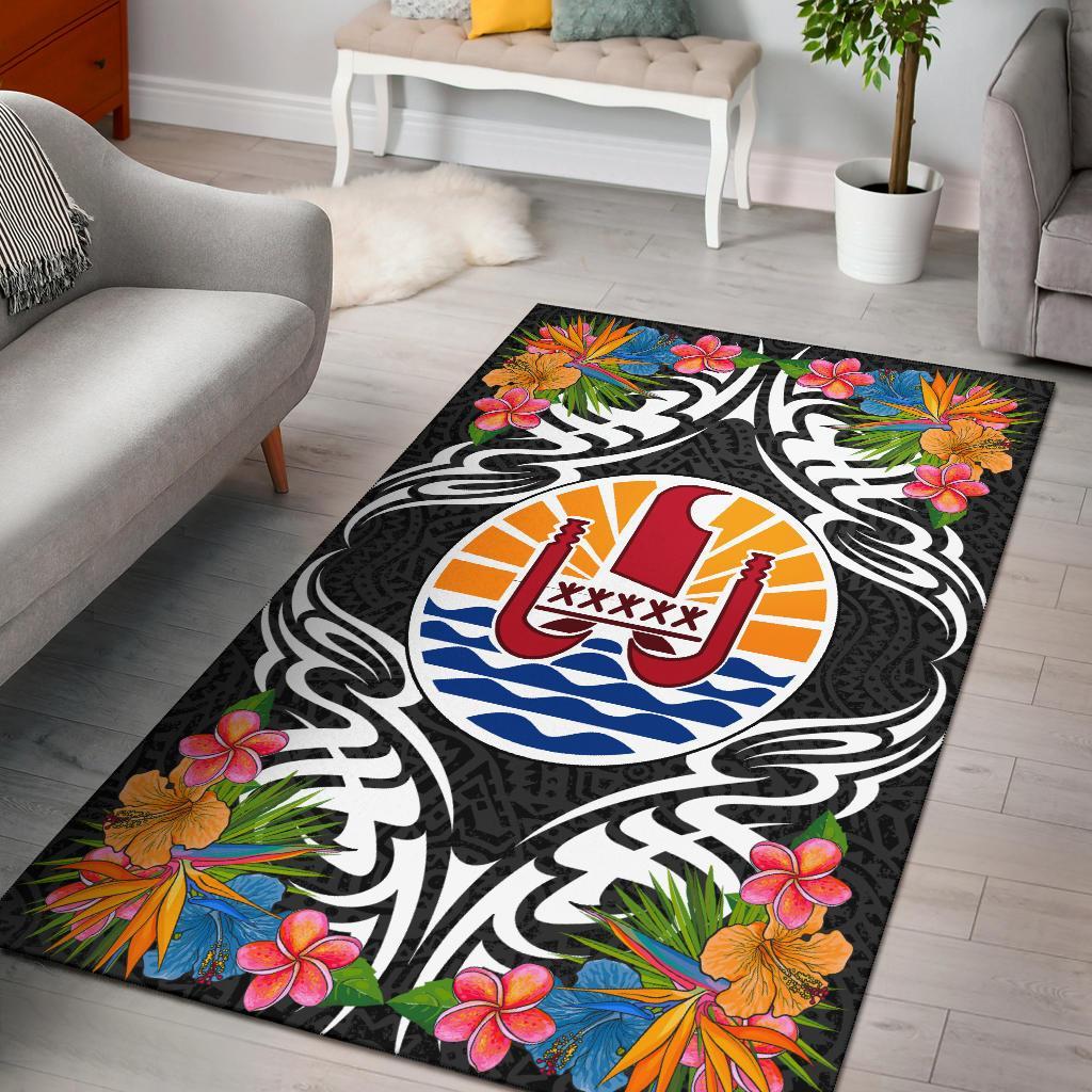 French Polynesia Area Rug - Coat OfArmsWith Tropical Flowers Black - Polynesian Pride