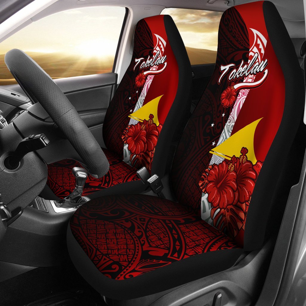 Tokelau Polynesian Car Seat Covers - Coat Of Arm With Hibiscus Universal Fit Red - Polynesian Pride