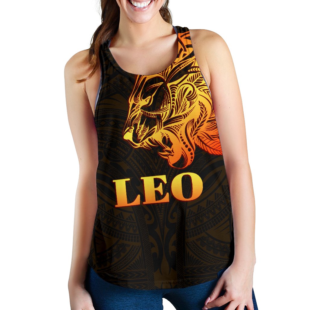 Sun In Leo Zodiac Women Racerback Tank Polynesian Tattoo Simple - Orange Black Orange - Polynesian Pride