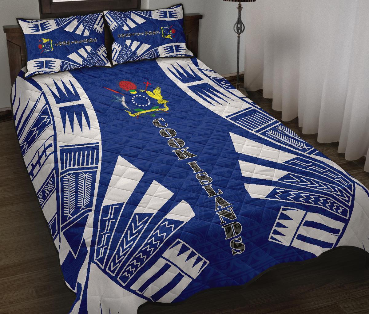 Cook Islands Quilt Bed Set - Cook Islands Coat Of Arms & Polynesian White Tattoo Style - Polynesian Pride