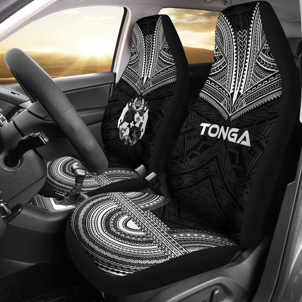Tonga Car Seat Cover - Tonga Coat Of Arms Polynesian Chief Tattoo Black Version Universal Fit Black - Polynesian Pride