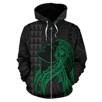 Polynesian Kakau Hula Girl Turtle Hibiscus Hawaii Zip Hoodie Green - Polynesian Pride