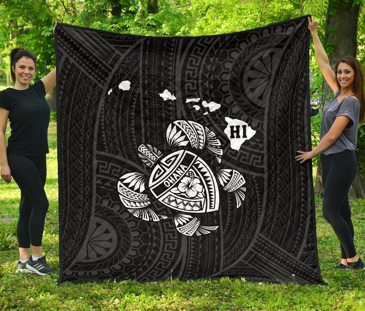 Hawaii Turtle Hibicus Map Premium Quilt - White White - Polynesian Pride