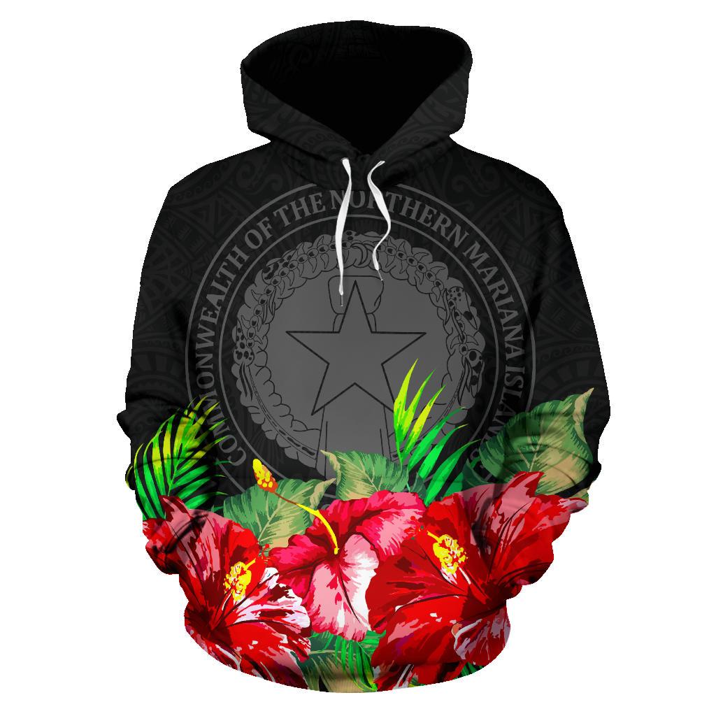Northern Mariana Islands Polynesian Hoodie Black Hibiscus - Polynesian Pride