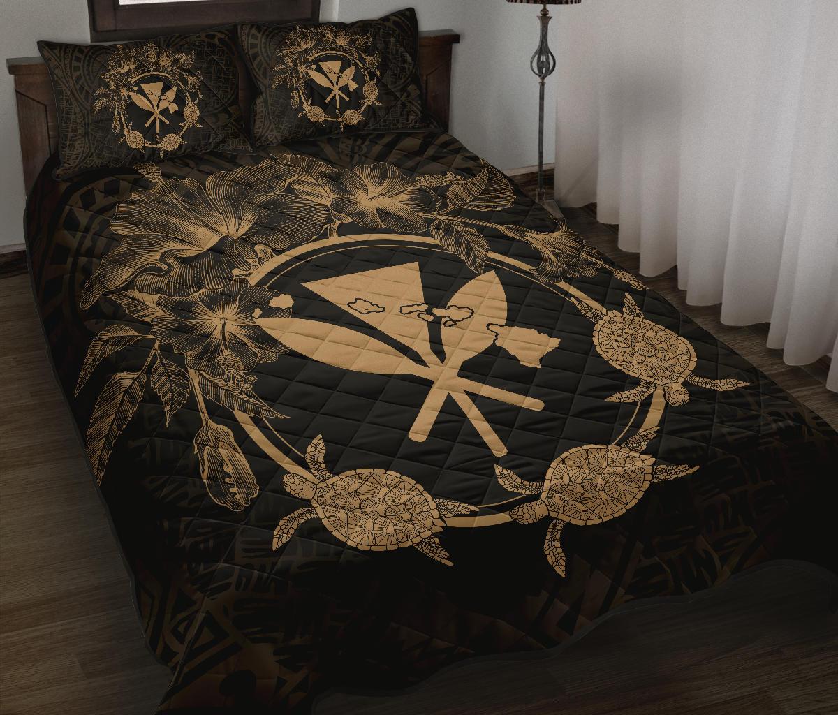 Hawaii Kanaka Turtle Hibiscus Polynesian Quilt Bed Set - Anthea Style Gold - Polynesian Pride
