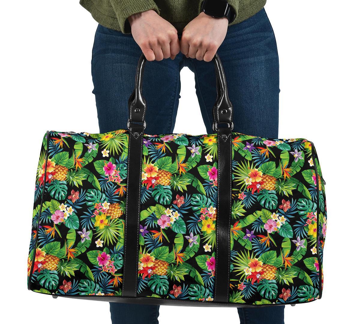 Tropical Pattern With Pineapples Palm Leaves And Flowers Hawaii Travel Bag Travel Bag One size Black - Polynesian Pride