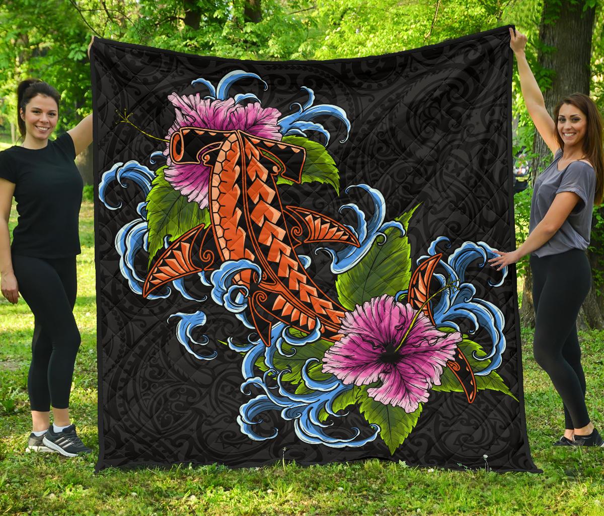 Hawaii Polynesian Premium Quilt - Cephalofoil Tattoo Hibiscus Black - Polynesian Pride
