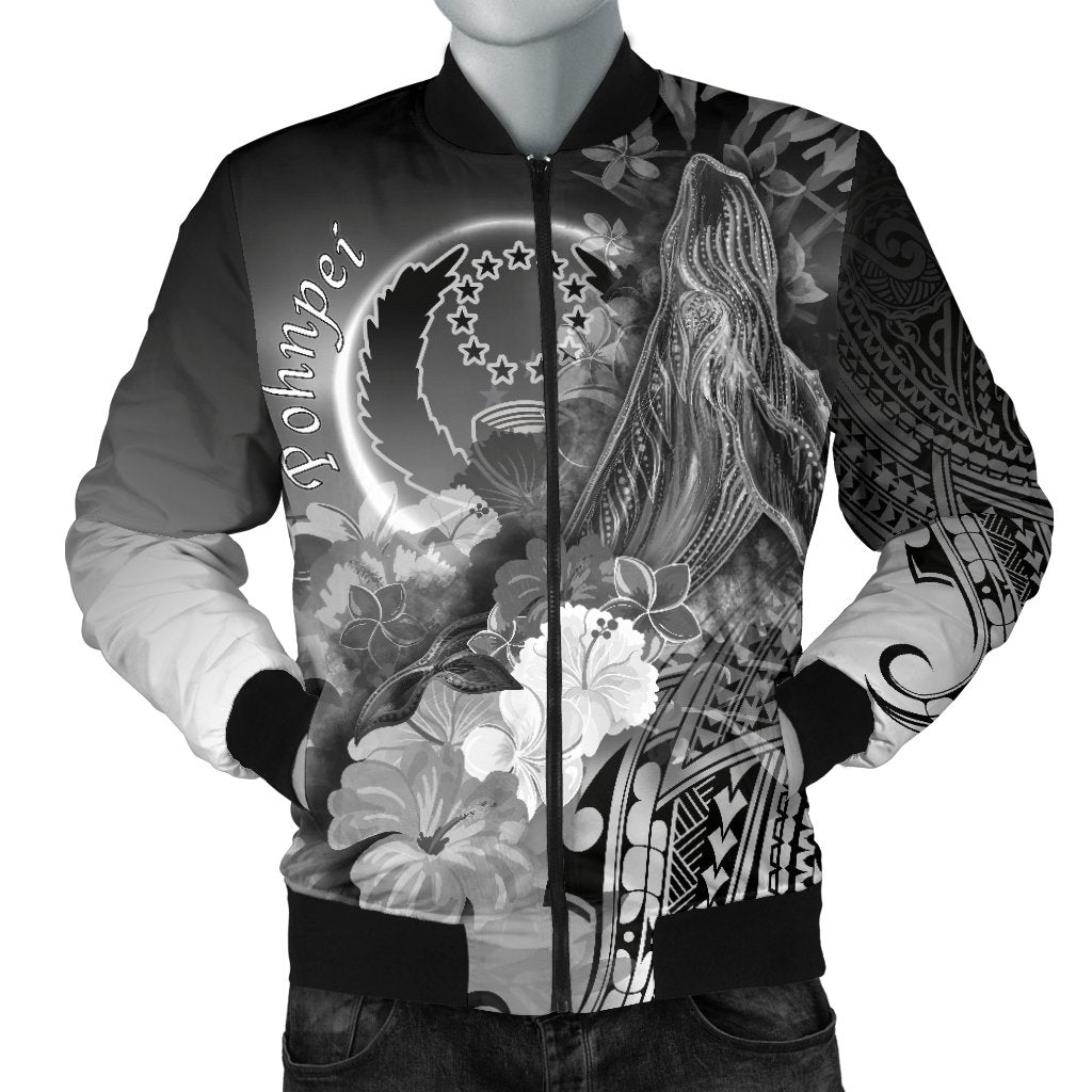 Pohnpei Men's Bomber Jacket - Humpback Whale with Tropical Flowers (White) White - Polynesian Pride