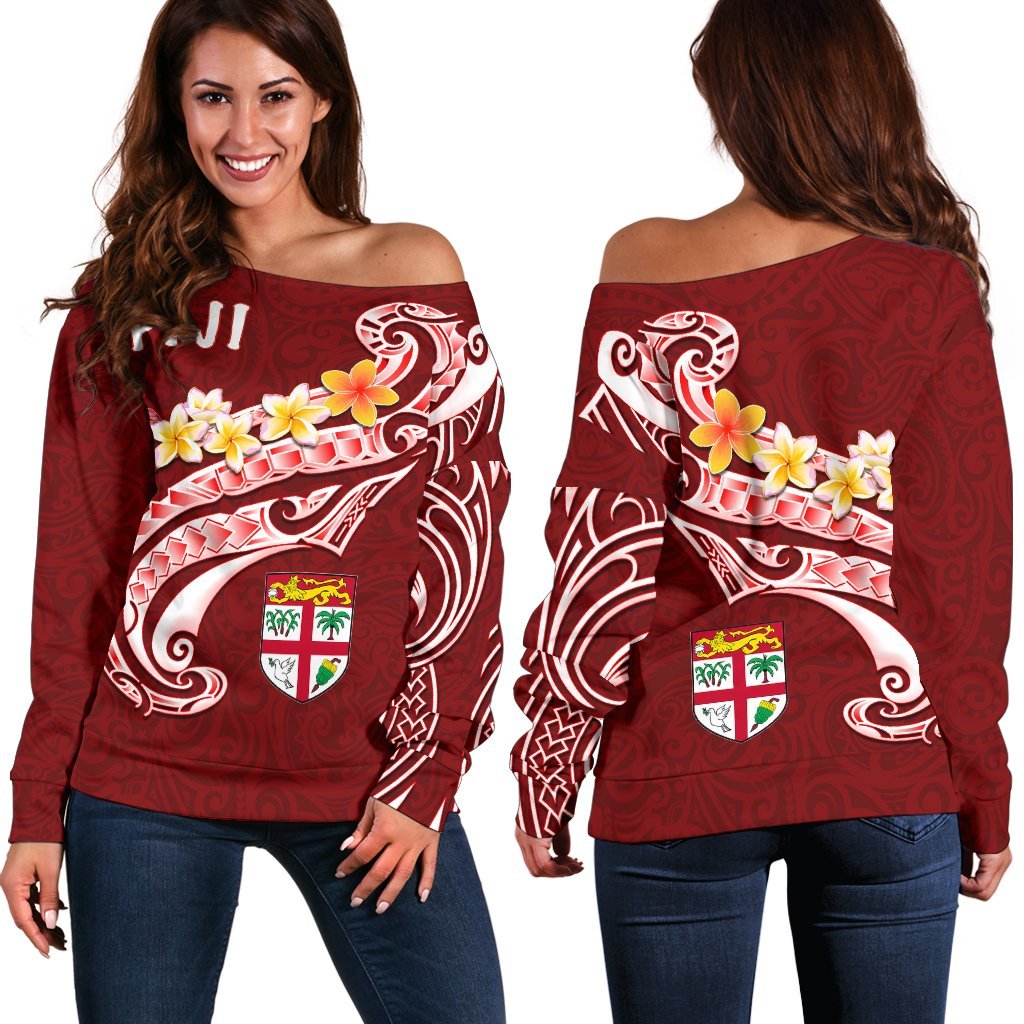 Fiji Women's Off Shoulder Sweater - Fiji Seal Polynesian Patterns Plumeria (Red) - Polynesian Pride