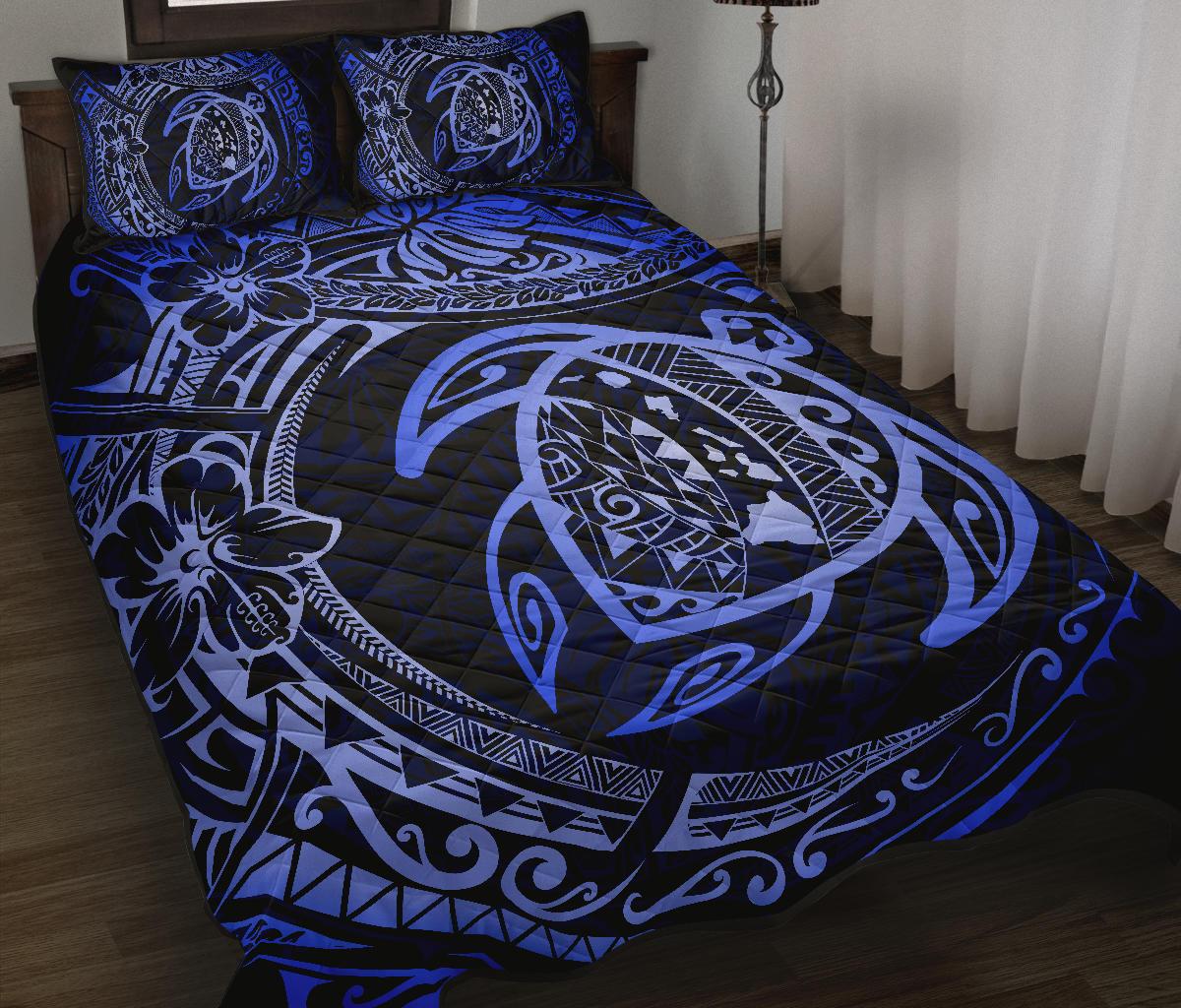 Hawaiian Map Turtle Polynesian Quilt Bedding Set Circle Blue - Polynesian Pride