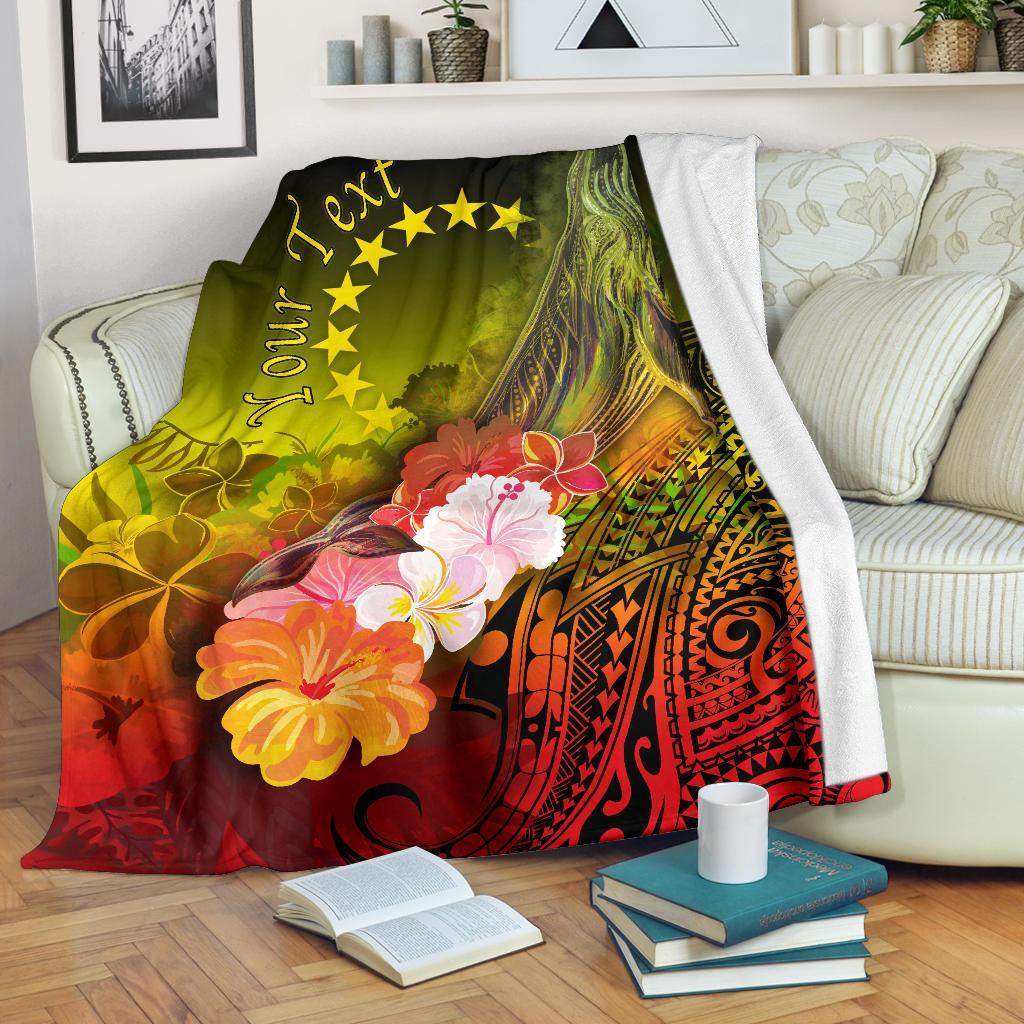 Cook Islands Custom Personalised Premium Blanket - Humpback Whale with Tropical Flowers (Yellow) White - Polynesian Pride