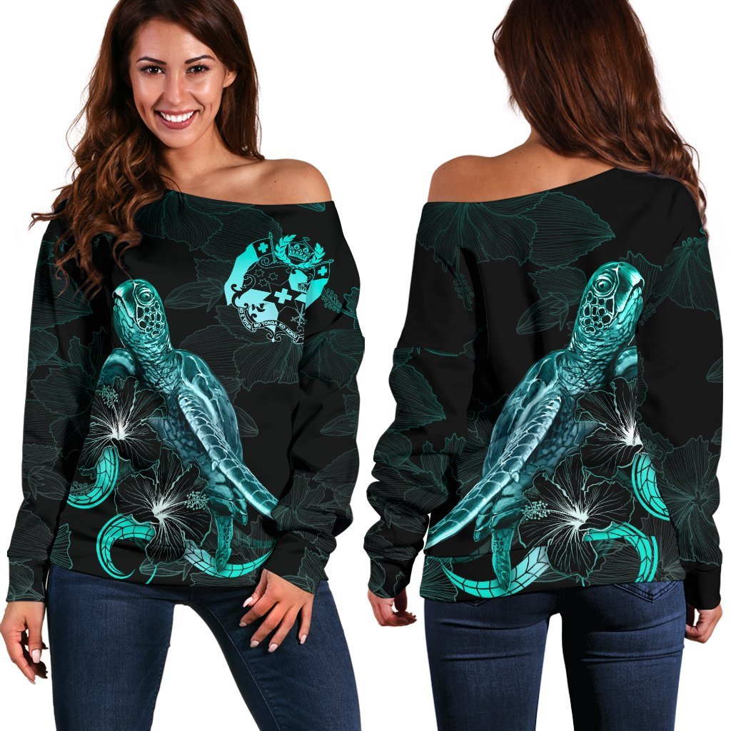 Tonga Polynesian Women's Off Shoulder Sweater - Turtle With Blooming Hibiscus Turquoise Turquoise - Polynesian Pride