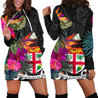 Fiji Women's Hoodie Dress - Polynesian Hibiscus Pattern Black - Polynesian Pride