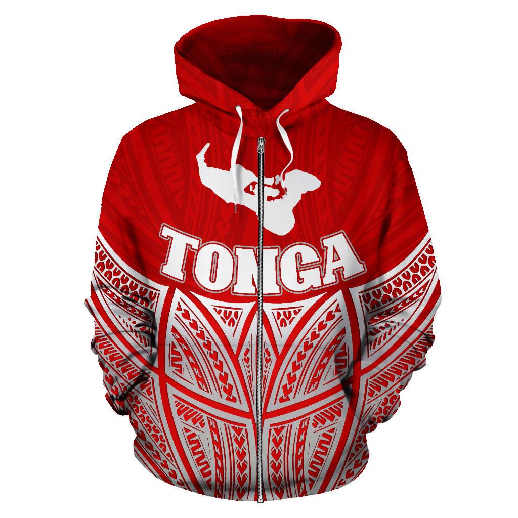 Tonga Polynesian Zip up Hoodie Red Pride Map and Seal - Polynesian Pride