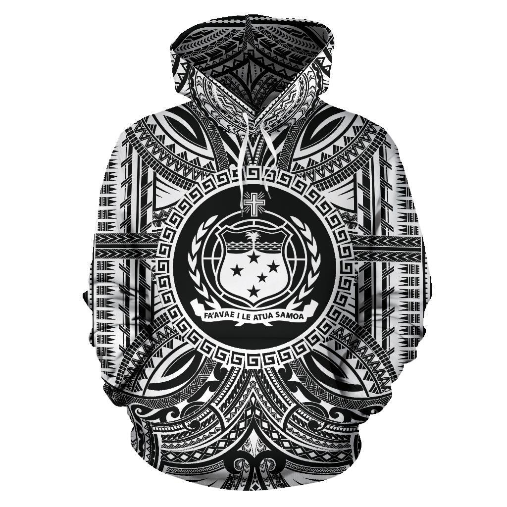 Samoa ll Over Hoodie Samoa Coat of rms Polynesian White Black Unisex Black - Polynesian Pride