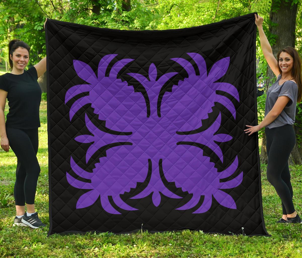 Hawaiian Premium Quilt Royal Pattern - Black And Purple - A2 Style Purple - Polynesian Pride