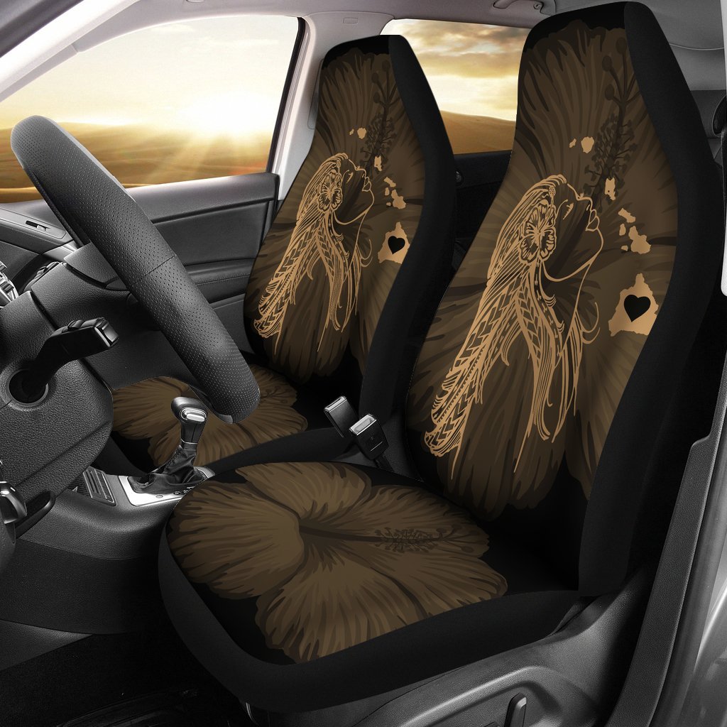 Hawaii Car Seat Covers - Hawaii Hula Girl Hibiscus Map Gold - Polynesian Pride