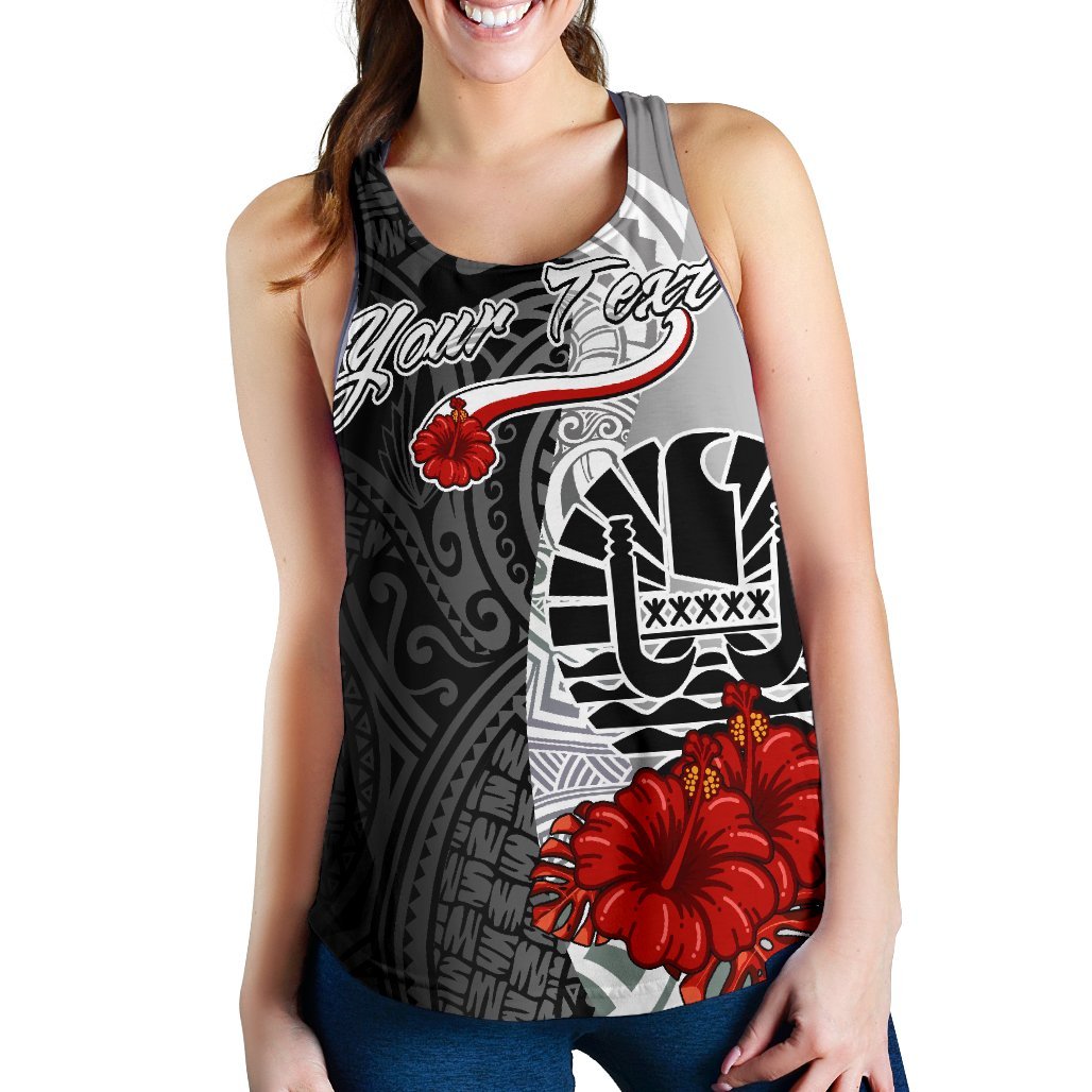 Tahiti Polynesian Custom Personalised Women's Racerback Tank - Coat Of Arms With Hibiscus White - Polynesian Pride
