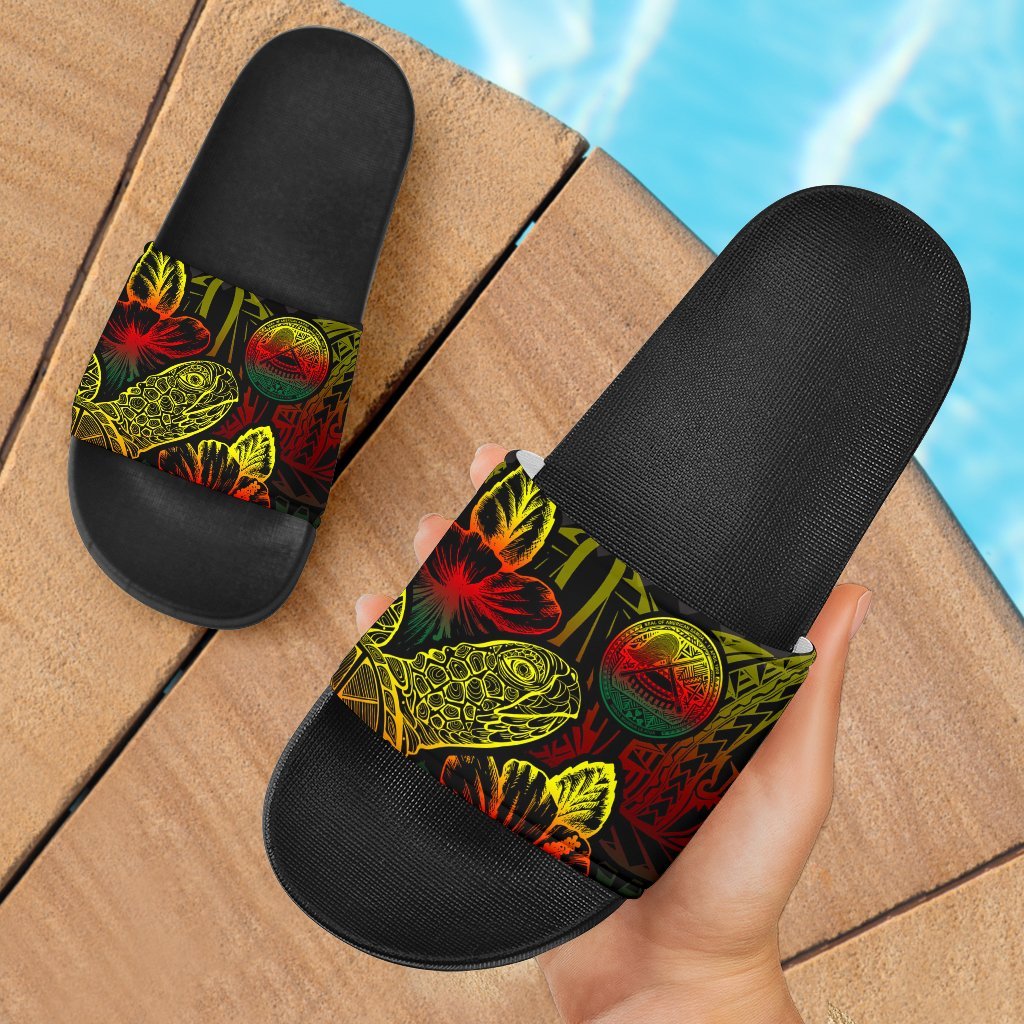American Samoa Slide Sandals - Turtle Hibiscus Pattern Reggae Black - Polynesian Pride