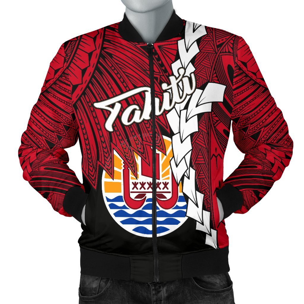 Tahiti Polynesian Men's Bomber Jacket - Tribal Wave Tattoo Flag Style Black - Polynesian Pride