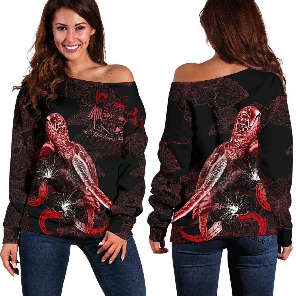 FiJi Polynesian Women's Off Shoulder Sweater - Turtle With Blooming Hibiscus Red Red - Polynesian Pride