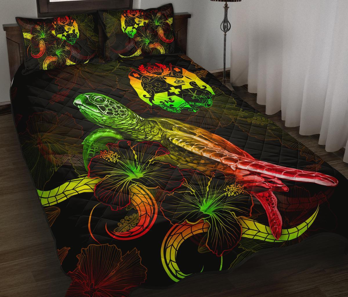 Tonga Polynesian Quilt Bed Set - Turtle With Blooming Hibiscus Reggae Art - Polynesian Pride