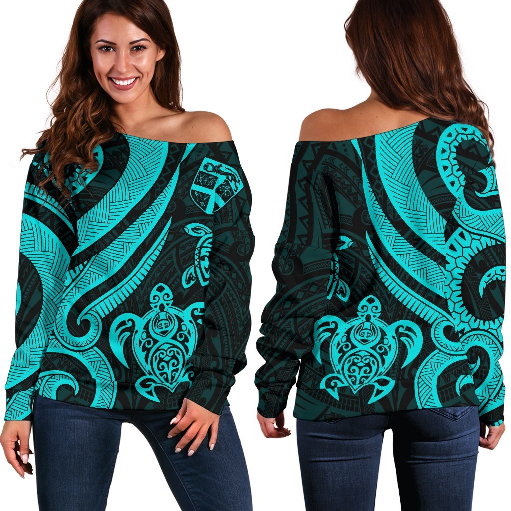 Fiji Polynesian Women Of Shoulder Sweater - Turquoise Tentacle Turtle Turquoise - Polynesian Pride