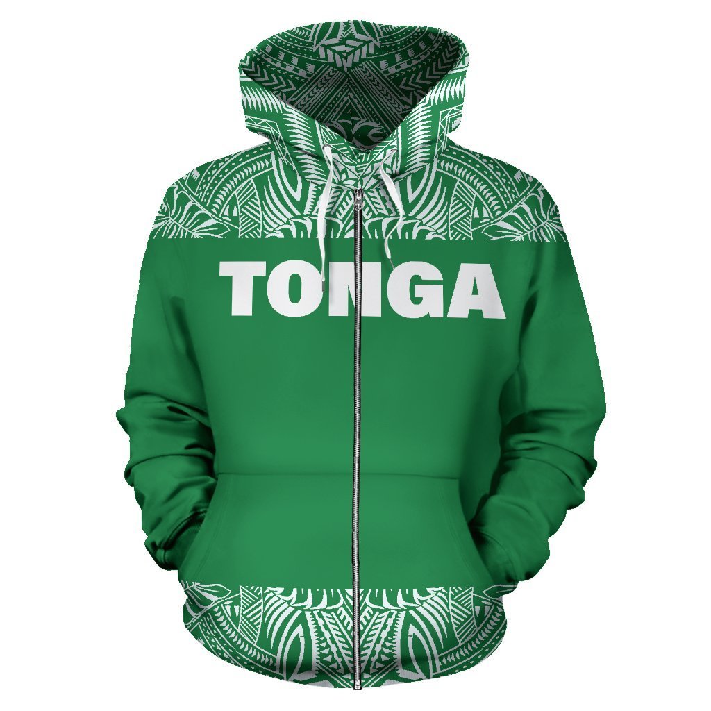 Tonga All Over Zip up Hoodie Polynesian Green and White - Polynesian Pride