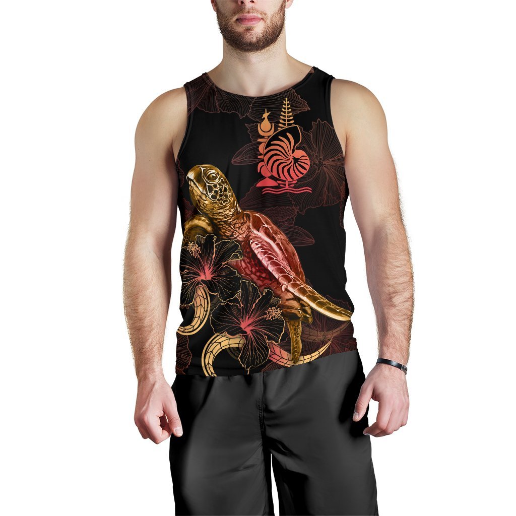 New Caledonia Men Tank Top - Turtle With Blooming Hibiscus Gold - Polynesian Pride