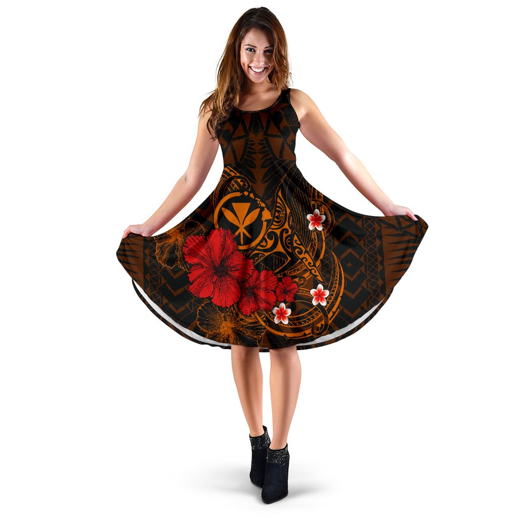 Polynesian Hawaii Kanaka Maoli Midi Dress - Humpback Whale with Hibiscus (Golden) Women Golden - Polynesian Pride