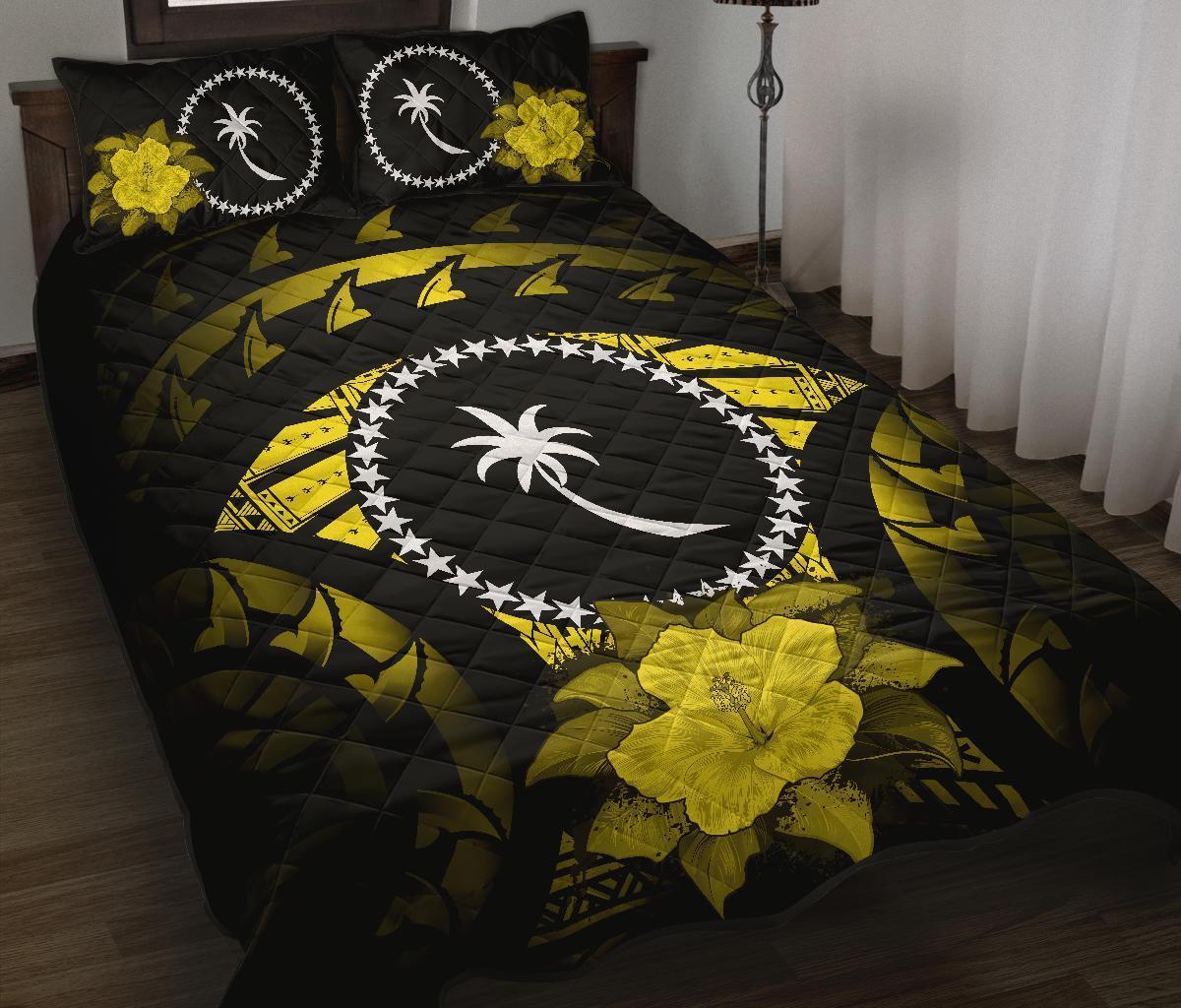 Chuuk Polynesian Quilt Bed Set Hibiscus Yellow Black - Polynesian Pride