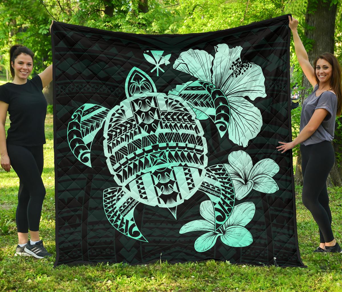 Hawaiian Kanaka Hibiscus Plumeria Mix Polynesian Turtle Premium Quilt Turquoise AH Turquoise - Polynesian Pride